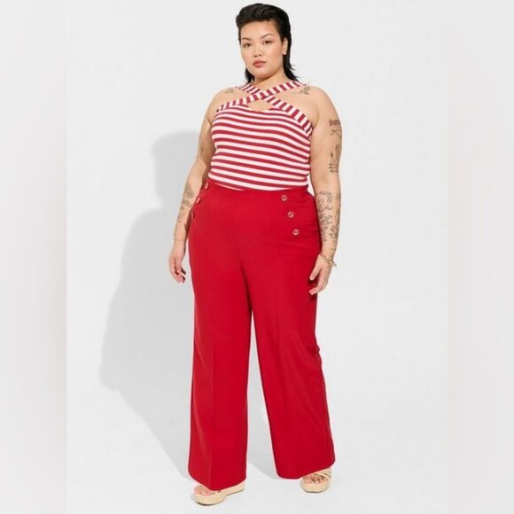 Red Pull-On Wide Leg Studio Refined Crepe High-Rise Nautical Pant - Picture 3 of 3